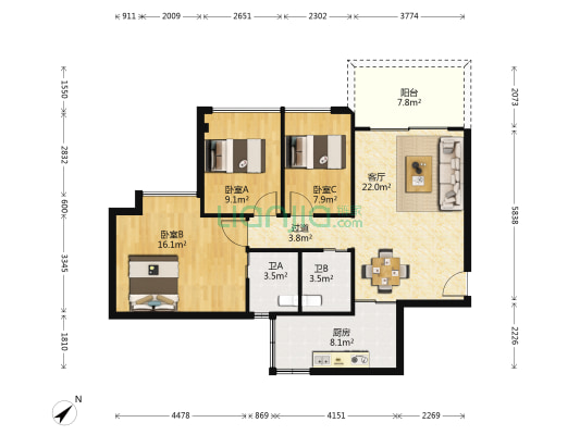瀚成华府 3室1厅2卫 97平方