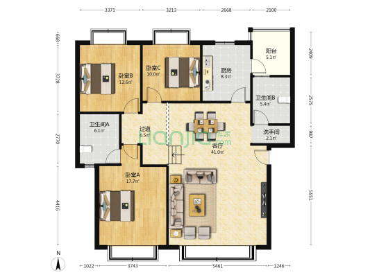 雅景苑 3室1厅3卫 136平方