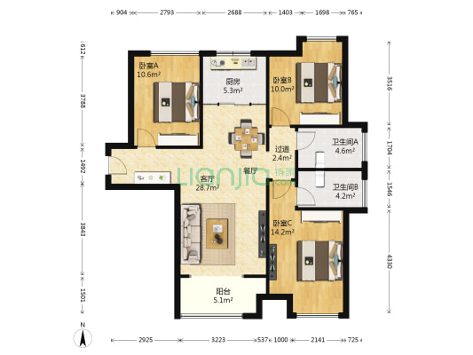 汉飞壹号华府二期 3室1厅2卫 108平方