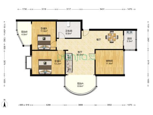 雅川家园 2室1厅1卫 92平方