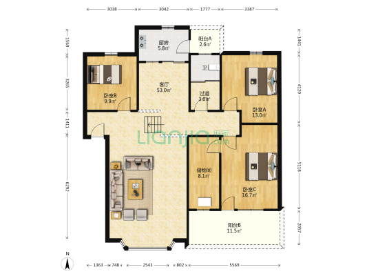 福康天禧公寓 3室1厅1卫 142平方