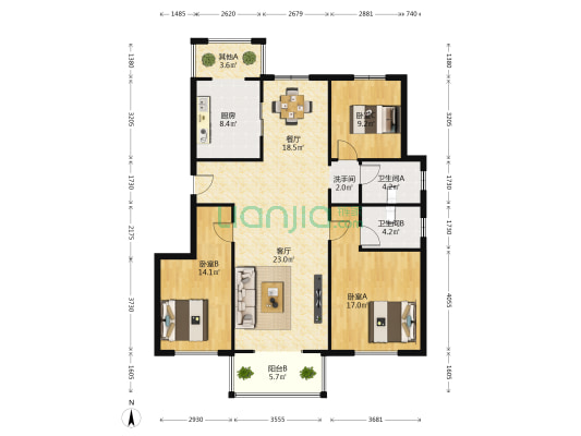 蓝岳玫瑰园 3室2厅3卫 128平方