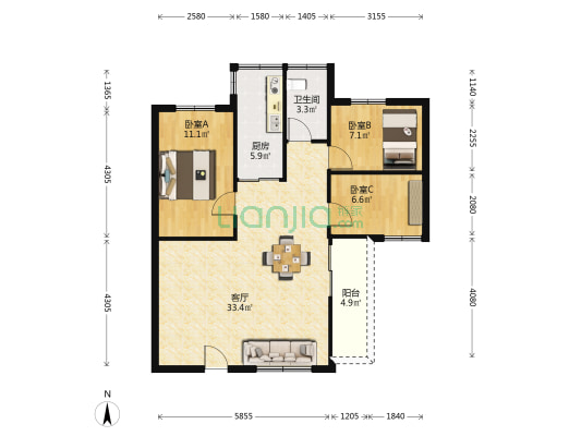 银建楼 3室1厅1卫 79平方