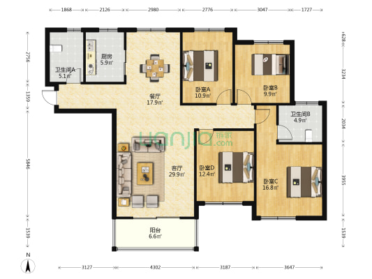 上城小区 4室2厅2卫 151平方