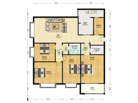 大都会西区 4室1厅2卫 191平方