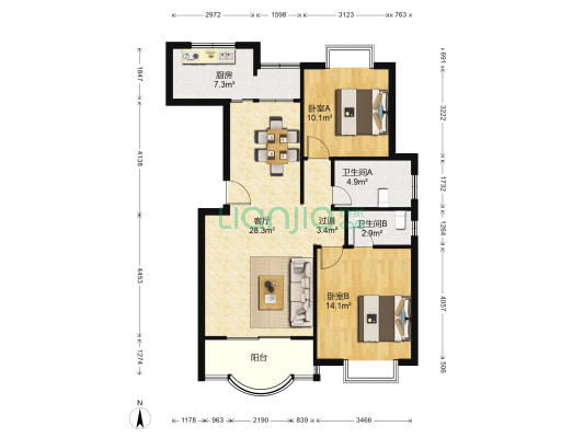 明丰花园 2室1厅2卫 99平方
