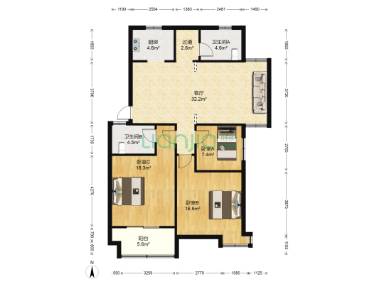 金凤凰花园 3室1厅2卫 124平方