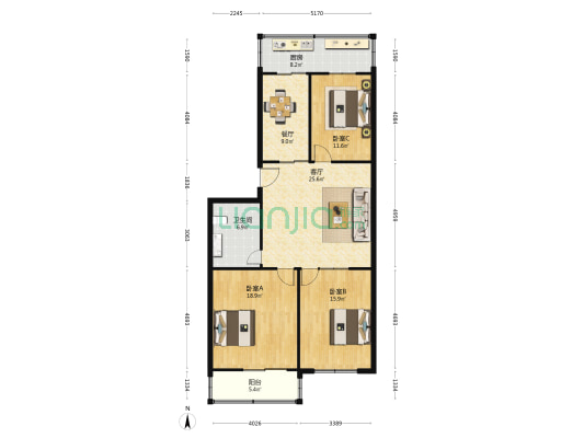 面粉厂小区 3室2厅1卫 129平方