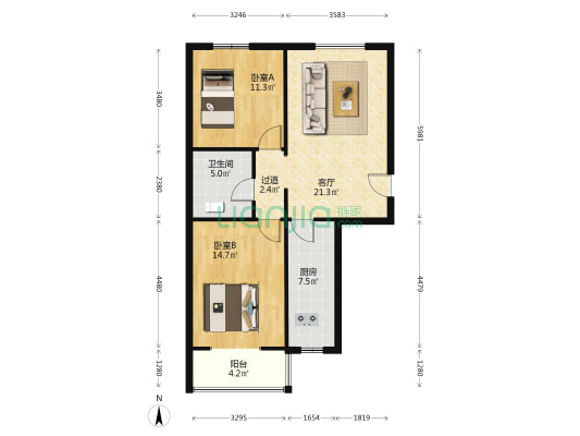 左岸景林景林苑 2室1厅1卫 93平方