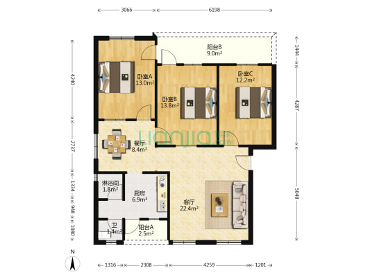 海南华侨大院 3室2厅2卫 104平方