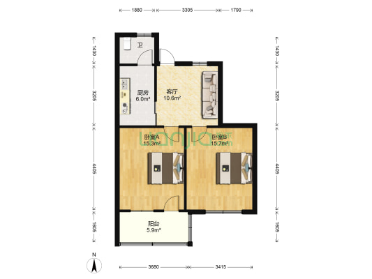 警官公寓 2室1厅1卫 66平方