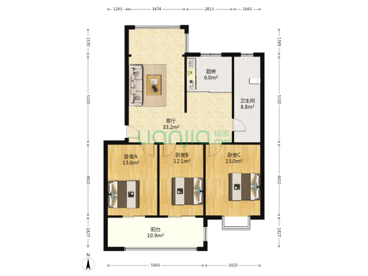 国飞尚城E区 3室1厅1卫 118平方