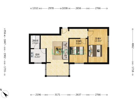 光荣北路78号 2室1厅1卫 65平方