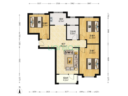 南北三居，毛坯随意装修，业主诚意出售-户型图