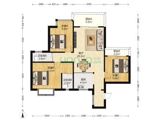 金域华府 3室1厅2卫 89平方