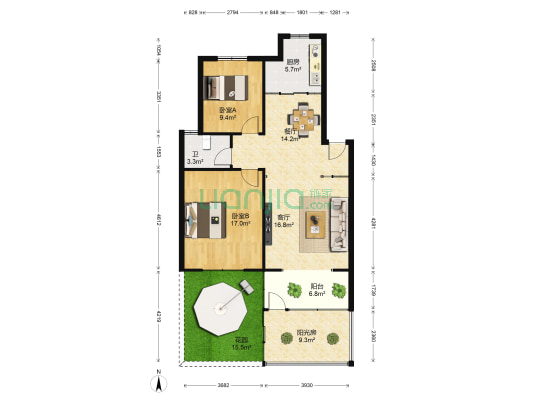 紫香阁 2室2厅1卫 93平方