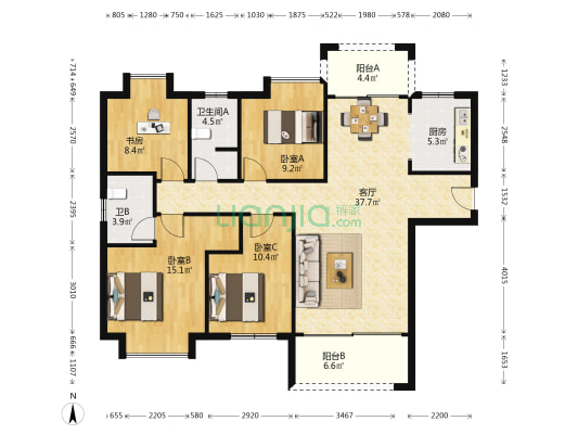 克拉美丽山庄三期 4室1厅2卫 137平方