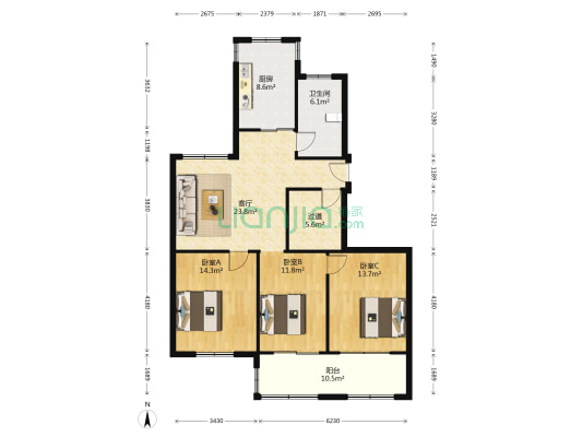 景明花苑 3室1厅1卫 124平方
