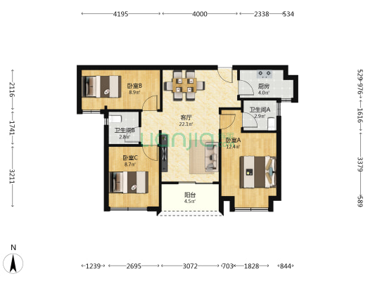 住宅水晶尚庭 3室1厅2卫 87平方