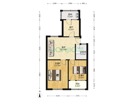 出售三五四三家属院范阳路开发区二居室-户型图