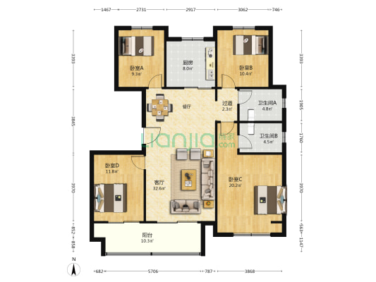 中梁壹号院 4室1厅2卫 137平方