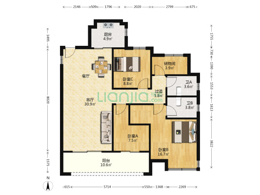 珑澜苑 3室1厅2卫 129平方