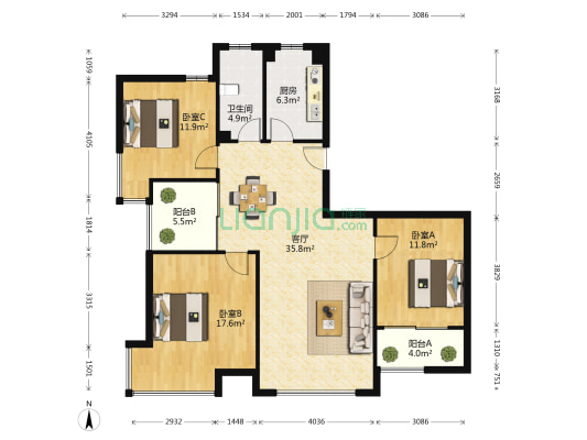 星尚公寓 3室1厅1卫 124平方