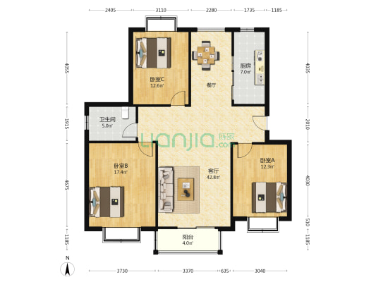 盛世名城(诸城市) 3室1厅1卫 124平方