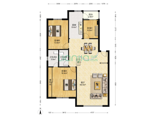 华泰新都E区 3室1厅2卫 135平方