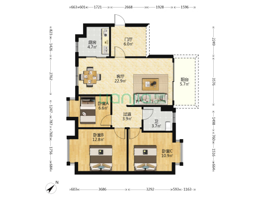 时代水岸 3室1厅1卫 95平方