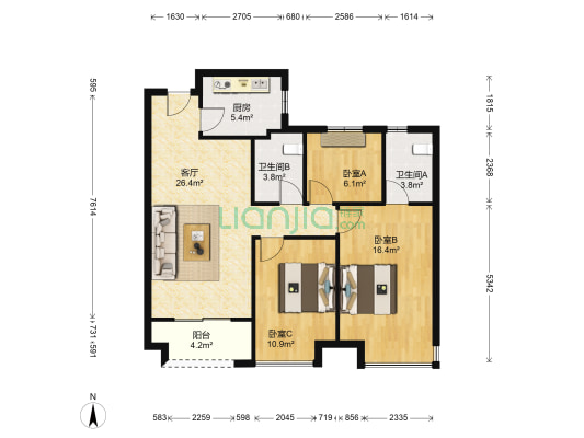 旭辉滨江东方悦府 3室1厅2卫 87平方