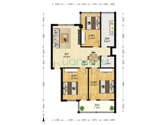 万福新村 3室2厅1卫 82平方