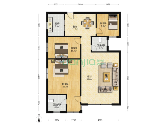 红星大厦 3室2厅2卫 137平方