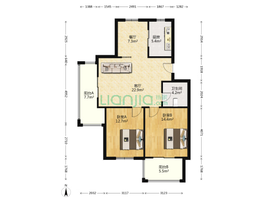 北湖嘉园 2室2厅1卫 88平方