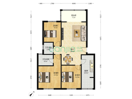 城北风景苑东区 3室1厅2卫 104平方
