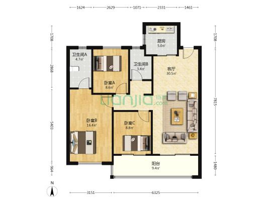 天创坦达月湖云庄 3室1厅2卫 108平方