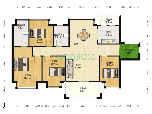 振江凤凰台 4室1厅2卫 142平方