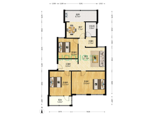 大众日报社第三宿舍南区 3室2厅1卫 121平方