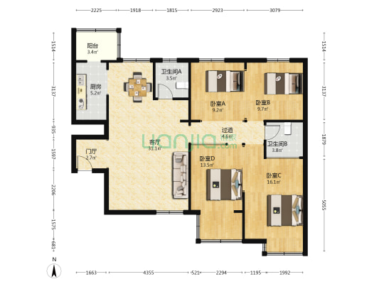 融富中心A区 4室1厅2卫 137平方