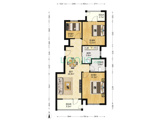 富力白鹭湾南区 3室1厅1卫 94平方