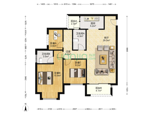 金科中央公园城（璧山）5号6号9号门 3室1厅2卫 105平方