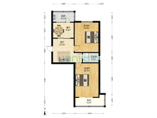 北城区老干部宿舍 2室2厅1卫 72平方