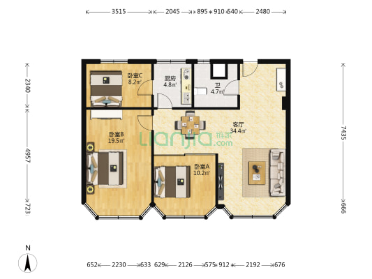 仙桃花园 3室1厅1卫 122平方