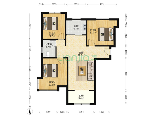 牛津花园 南北三居 精装修 可贷款-户型图