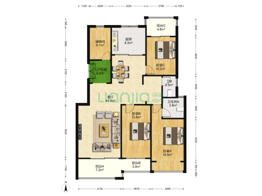 幸福考拉 3室1厅2卫 130平方