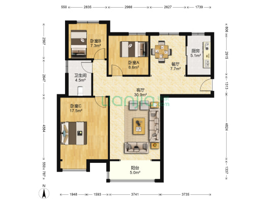 泰宏建业国际城9号院 3室2厅1卫 116平方