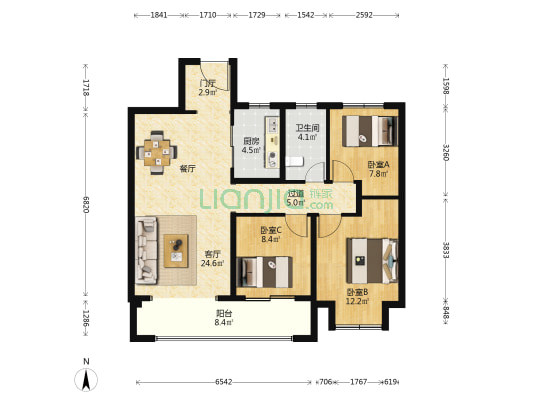 海尔翡翠文华K区 3室1厅1卫 105平方