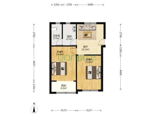 城西小区 2室1厅1卫 67平方