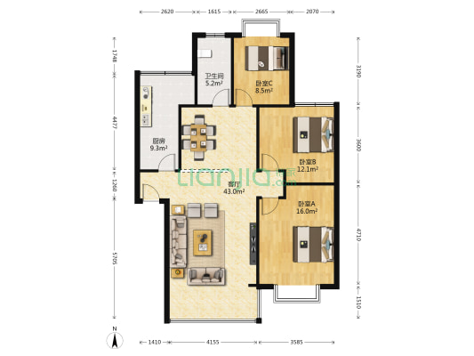 丽景阳天 3室1厅1卫 98平方
