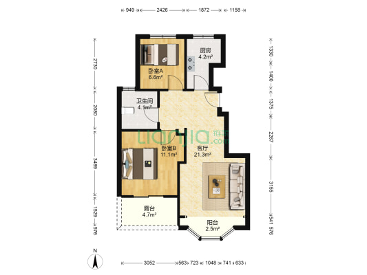 天赐椿城 2室1厅1卫 80平方
